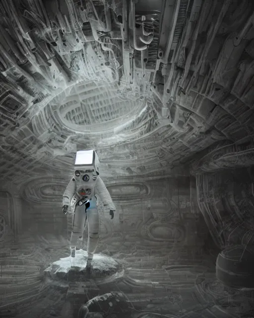 Image similar to organic brutalist construction with fluid metal parts floating in void hallucinating, an astronaut covered by extraterrestrial fluid, creative VFX, no text, rendered with octane, hyper realistic, hyper detailed, surreal, futuristic, 8k