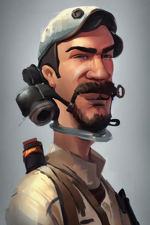 Image similar to beautiful highly detailed realistic stylized character portrait team fortress 2 engineer, detailed character art master portrait by ismail inceoglu, trending on artstation