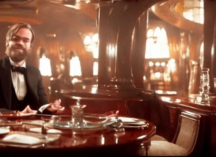 Prompt: movie still of PewDiePie sitting at a table, titanic ship interior, directed by Quintin Tarantino