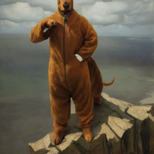 Prompt: Man wearing a dog rotweiler costume standing on a cliff brandishing an orb uni-ball palette knife eric gill charlie bowater guillem h. pongiluppi donato giancola Bastien Lecouffe-Deharme j.c. leyendecker eleanor fortescue-brickdale encaustic silverpoint