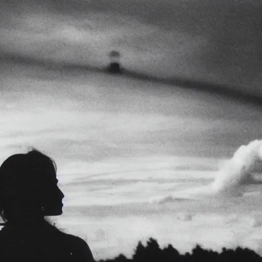 Prompt: an aged greyscale analog photograph of a beautiful woman looking at a ufo sighting, detailed clouds, high contrast, film grain, color bleed