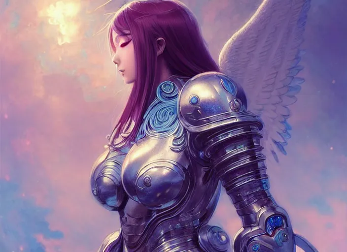 Prompt: angelic anime woman in armour, passionate pose, intricate, elegant, blue glow, sharp focus, soft bokeh, illustration, highly detailed, concept art, matte, trending on artstation, bright colors, 3 d 8 k, art by wlop and artgerm and greg rutkowski, mucha, giger, marvel comics, beksinski