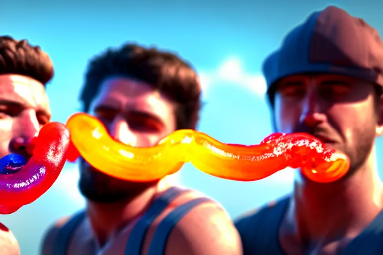 Image similar to two men eating a big gummy worm, rtx, sunlight, many details, octane render, high quality, 8 k