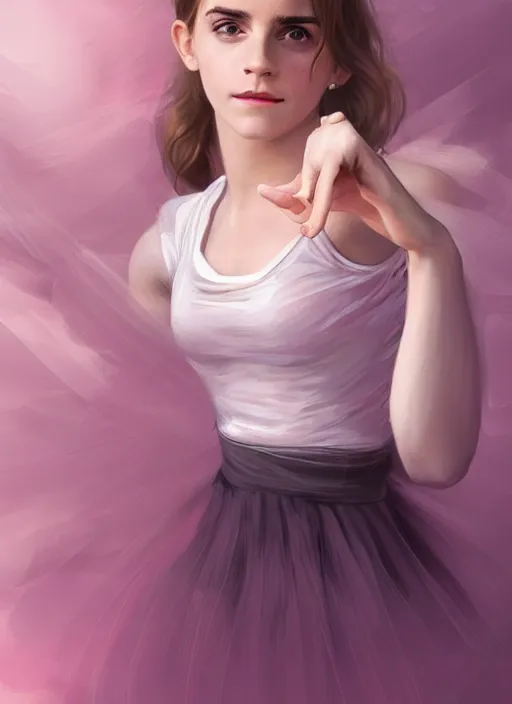 Image similar to emma watson as ballerina, ballet pose, long hair, skirt and t-shirt, soft pink and white transparent cloth, space, D&D, shiny background, intricate, elegant, highly detailed, digital painting, artstation, concept art, smooth, sharp focus, illustration, artgerm, bouguereau