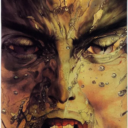 Prompt: tears stream down the face of a man with light brown hair and green eyes. He clutches the ground in agony. By Ayami Kojima, Frank Frazetta, and Anna Dittmann. Masterpiece. Rule of thirds.