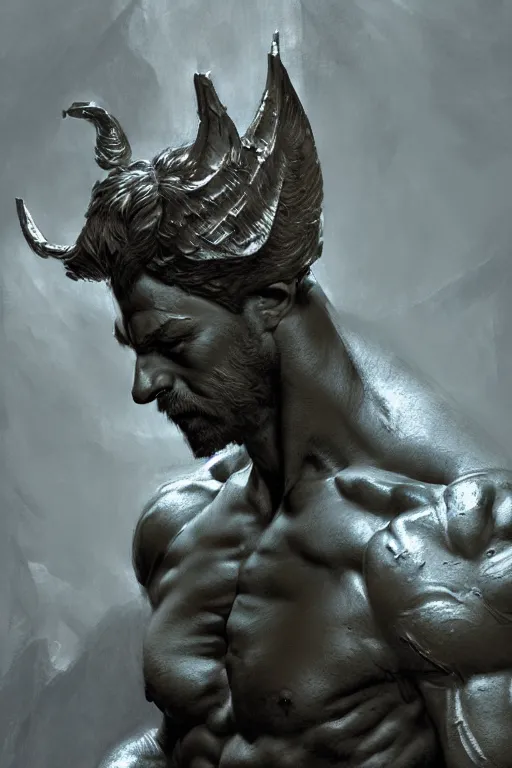 Prompt: portrait of dog as god by greg ruthkowski and craig mullins, norse statue, gorgeous, amazing, flowing hair, muscular, very muscular male body, intricate, highly detailed, 8 k, digital painting