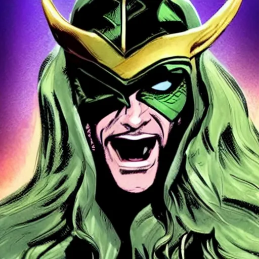 Image similar to this illustration is concept art for the comic book character of loki, the norse god of mischief with an amused expression. drawn by lee garbett, color artist by nolan woodard, and written by al ewing.