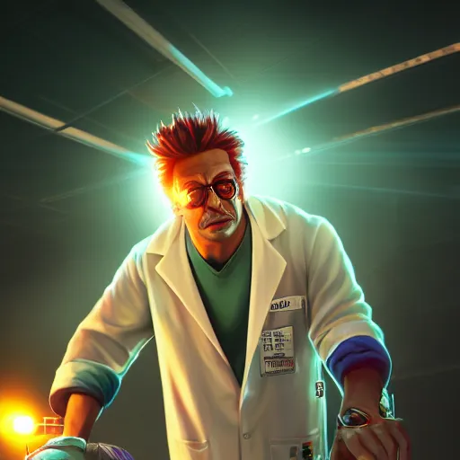 Image similar to portrait of rick sanchez, lab coat and tee shirt, lens flare, atmosphere, glow, detailed, intricate, full of colour, cinematic lighting, trending on artstation, 4 k, hyperrealistic, focused, extreme details, unreal engine 5, cinematic, masterpiece