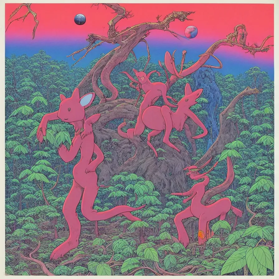 Image similar to ( ( ( ( ( forest and cute creatures on a mysterious planet ) ) ) ) ) by mœbius!!!!!!!!!!!!!!!!!!!!!!!!!!!, overdetailed art, colorful, record jacket