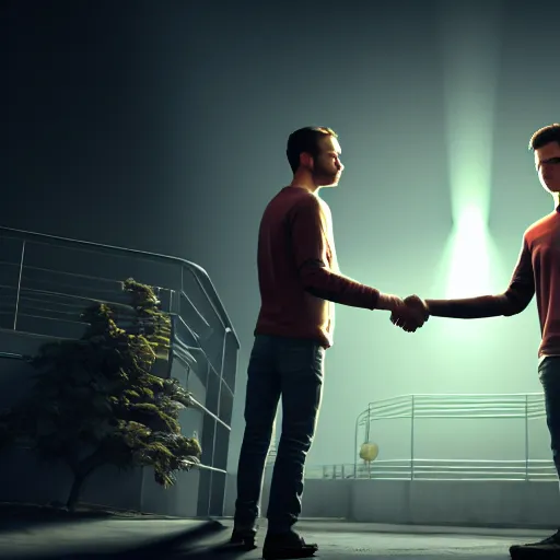 Image similar to two man giving a handshake and petting each other on the shoulder ultra realistic, lens flare, atmosphere, glow, detailed, intricate, full of colour, cinematic lighting, trending on artstation, 4 k, hyperrealistic, focused, extreme details, unreal engine 5, cinematic, masterpiece, ultra realistic, hyper realistic, highly detailed, sharp focus, digital art