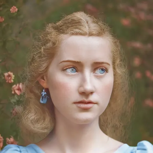 Image similar to portrait of a young lady in a light blue dress 1 9 0 0 s entire face shown in great detail, looking at the camera, full body in camera, blonde hair, garden, photorealistic, extreme detail, sharp focus, 8 k, intricate, hyper detailed, realistic, cinematic lighting