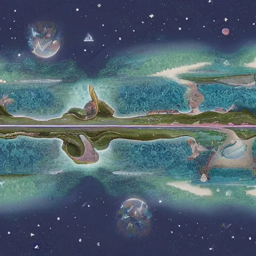 Image similar to The print shows a group of flying islands, each with its own unique landscape, floating in the night sky. The islands are connected by a network of bridges, and a small group of people can be seen walking along one of the bridges. by Ub Iwerks, by Rebeca Saray, by Judy Chicago balmy, monumental