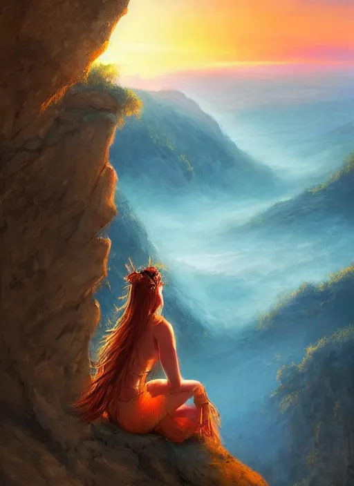 Image similar to an shaman sitting at the top of a cliff, looking down at the valley, doing a vision quest, beautiful sunset, art by charlie bowater