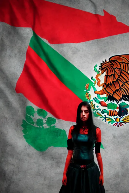 Image similar to cyberpunk girl in front of mexico flag in the style of remedios varo