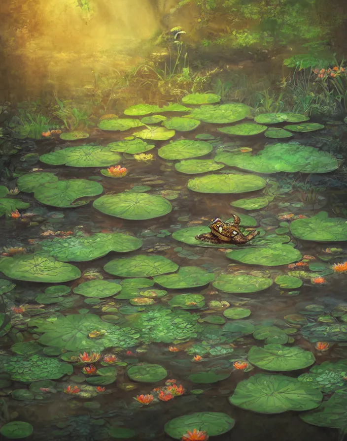 Prompt: frog on a lilypad in a koi fish pond in the forest, environment concept art, daytime ethereal anime, high detail Impressionist style, dreamy light color palette, style of studio ghibli and moebius, concept art stunning atmosphere, trending on artstation, volumetric light