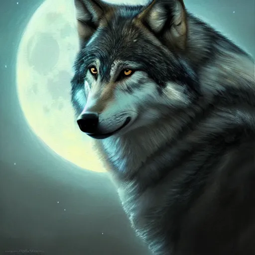 Image similar to beautiful portrait painting of a wolf in front of a full moon, atmospheric epic lighting, cgsociety, trending on artstation