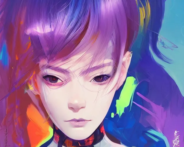 Image similar to poster woman with futuristic streetwear and hairstyle, colourful, cute face, dynamic portrait, intricate eyes,, beautiful, elegant, Anime by Kuvshinov Ilya, Cushart Krentz and Gilleard James, 4k, HDR, Trending on artstation, Behance, Pinterest, award winning