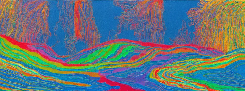 Prompt: Psychedelic sci-fi dreamworld. Landscape painting. Organic. Winding rushing water. Waves. Clouds. Wayne Thiebaud. David Hockney.