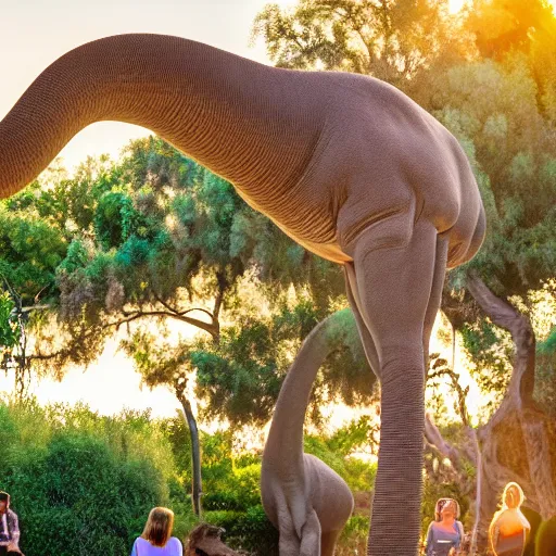 Prompt: photograph of a real brontosaurus exhibit at san diego zoo, tourists in background, bokeh, high definition, slr, golden hour, 4 k