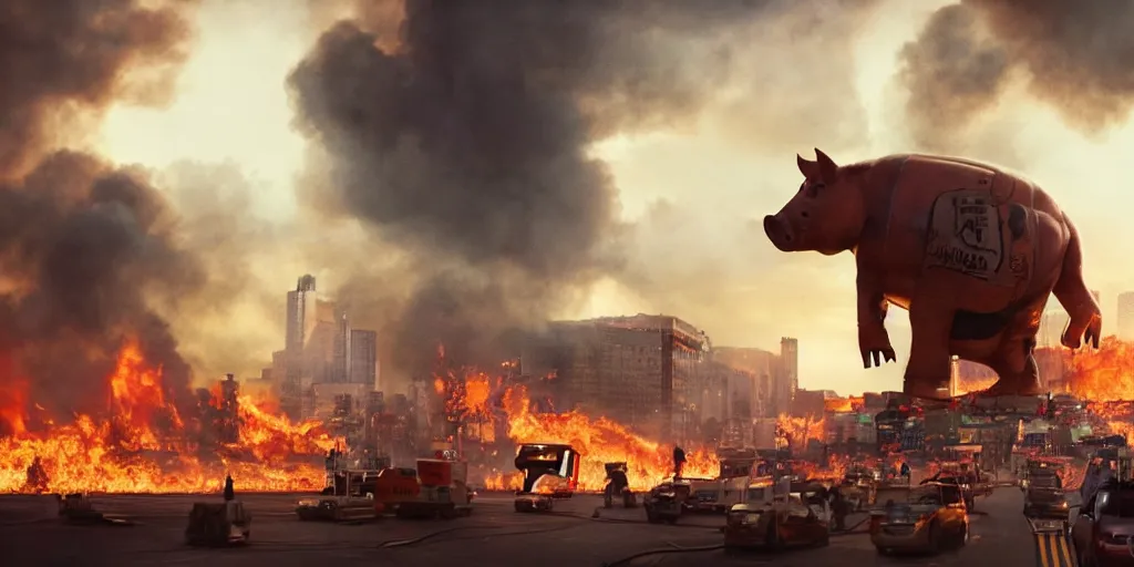 Prompt: movie still of a giant pig robot in the middle of a city on fire