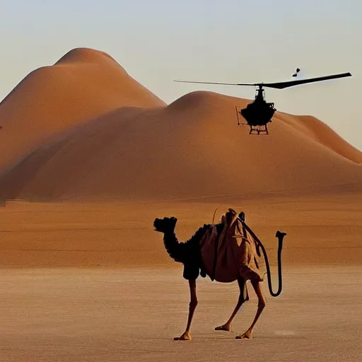 Image similar to helicopter in the shape of a camel, Saudi, realistic photograph