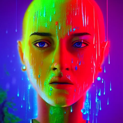 Image similar to cartoon portrait made out of rain, neon colors, rendered in octane, unreal engine, highly detailed, realistic, beautiful, emotional, trending on artstation, epic cinematic scene