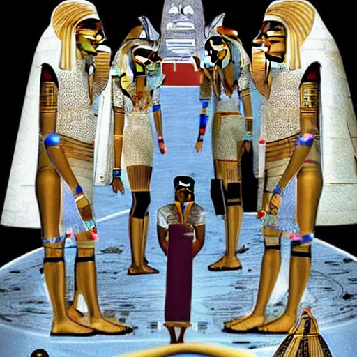 Prompt: the annunaki have returned to egypt wearing space suits that look like egyptian pharoah head - dresses and breathing hoses that look like elephant trunks - in star wars episode 3