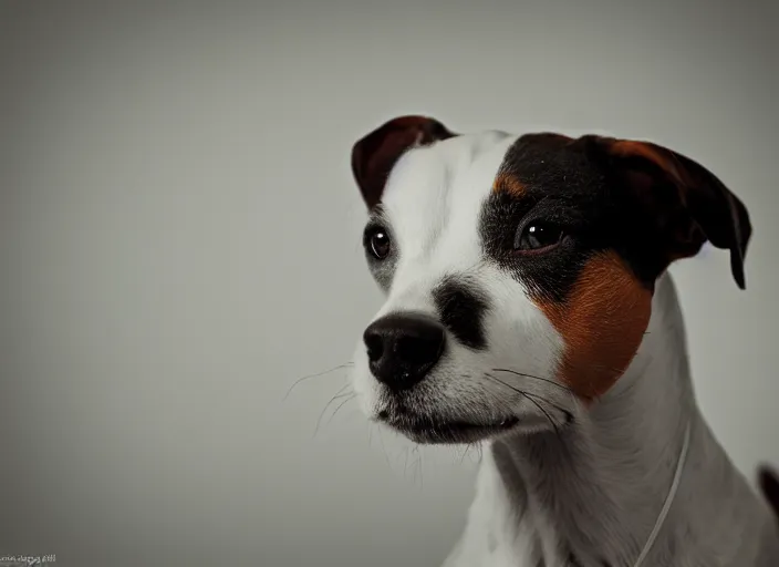 Image similar to photography of a Jack Russel . watching outside the window. on a bed. in a vintage room full of vinyls and posters.,volumetric light, photorealistic,, award winning photo, 100mm, sharp, high res