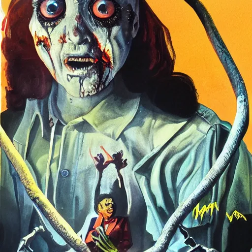 Prompt: detailed details photorealistic pictures of horror movie poster about mr trash man whose like woman and action approriated in the style of bob peak and alex ross, gouache and wash paints color, detailed facial body human environments background foreground proportionate, detailed 5 k details.