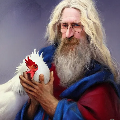 Image similar to a portrait of a wizard with his pet chicken by Johan Grenier, blue robe, long beard, ArtStation, realistic, detailed