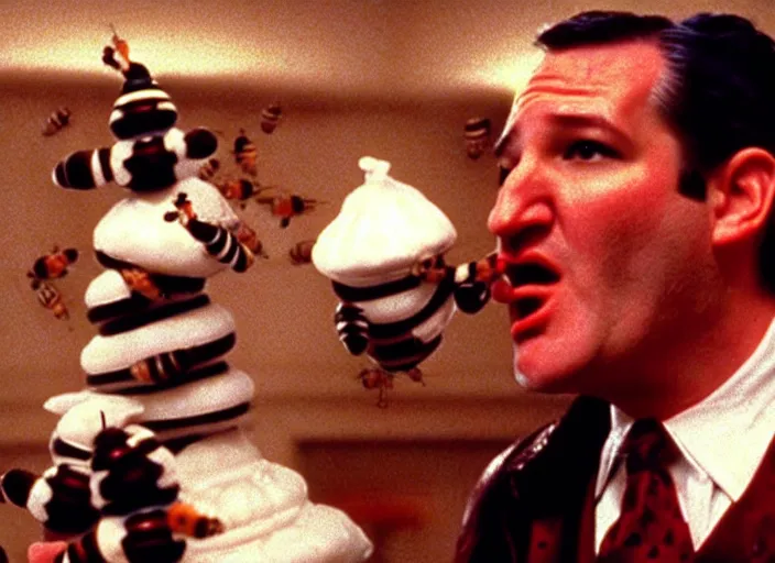 Image similar to film still of ted cruz as the candyman with bees coming out of his mouth in candyman 1 9 9 2