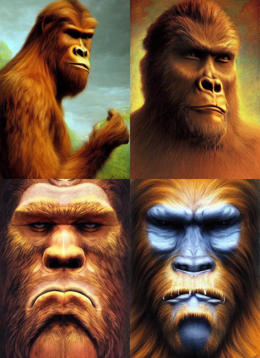 Prompt: A beautiful portrait of Bigfoot, frontal, digital art by Eugene de Blaas and Ross Tran, vibrant color scheme, highly detailed, in the style of romanticism