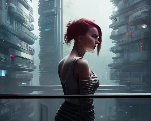 Image similar to 5 5 mm portrait photo of a beautiful young woman looking from a balcony. futuristic atmosphere. cyberpunk city. art by greg rutkowski. highly detailed 8 k. intricate. lifelike. soft light. nikon d 8 5 0.