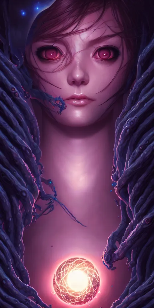 Image similar to azathoth girl save the earth, occlusion shadow, specular reflection, rim light, unreal engine, artgerm, artstation, art by hiroaki samura and ilya kuvshinov and ossdraws, intricate, highly detailed 8 k, cosmic horror illustration, extremely beautiful and aesthetic shape of face and body, movie poster