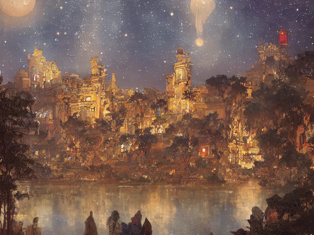 Image similar to a beautiful painting of the view from the river of the lantern festival in a an ancient egyptian city, at night with a sky full of stars, intricate, elegant, highly detailed, digital painting, artstation, concept art, by krenz cushart and artem demura and alphonse mucha