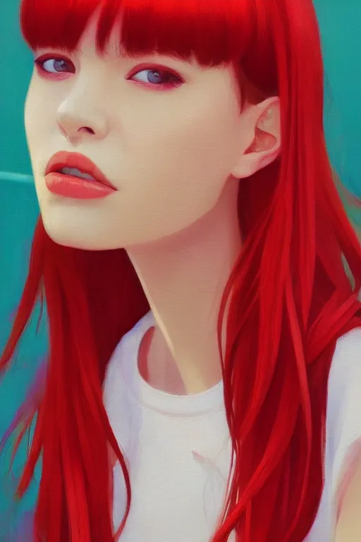 Image similar to A ultradetailed beautiful panting of a stylish woman looking at the camera, she is wearing streetwear, she has red hair with bangs, bright sunny day, Oil painting, by Ilya Kuvshinov, Greg Rutkowski and Makoto Shinkai