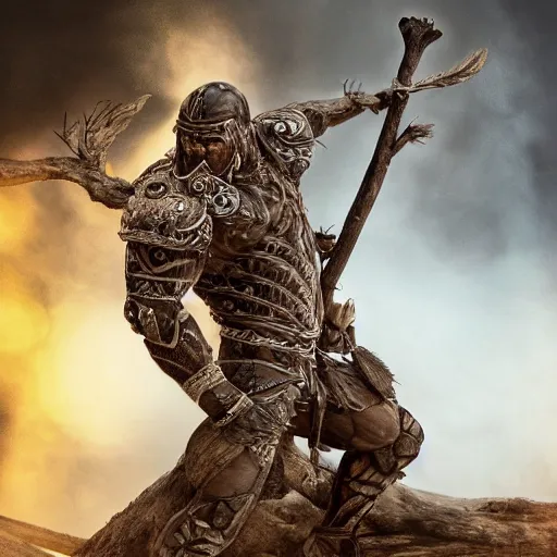 Image similar to muscular warrior with tree - bark skin wearing intricate stone and wood armor, holding halberd with laser blade, battlefield, highly detailed, dramatic lighting, cinematic, sci - fi, hyperrealistic, detailed