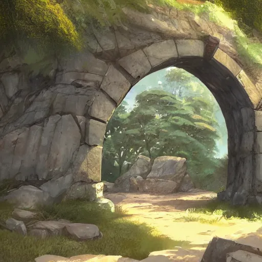 Prompt: concept art painting of a single free standing ancient stone archway, in the woods, realistic, detailed, cel shaded, in the style of makoto shinkai and greg rutkowski and james gurney