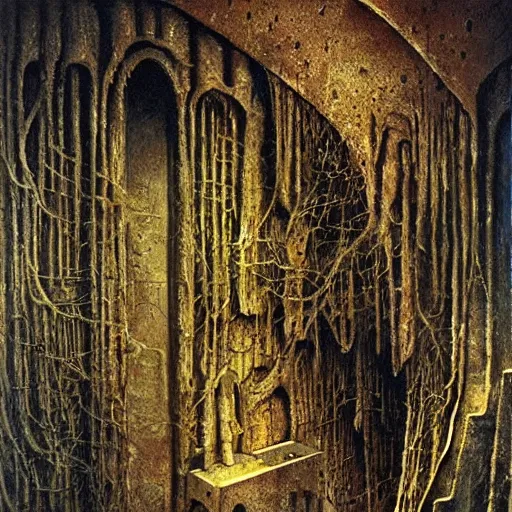 Image similar to the crypt of broken dreams and alternate worlds, by h. r giger and beksinski