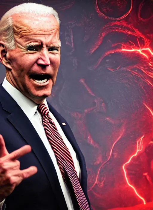 Image similar to hyper realistic photo Doom angry wrathful furious glowing red eyes biden