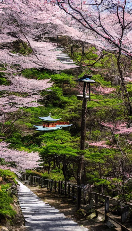 Image similar to a shinto shrine path atop a mountain,spring,sakura trees,beautiful,nature,distant shot,random point of view