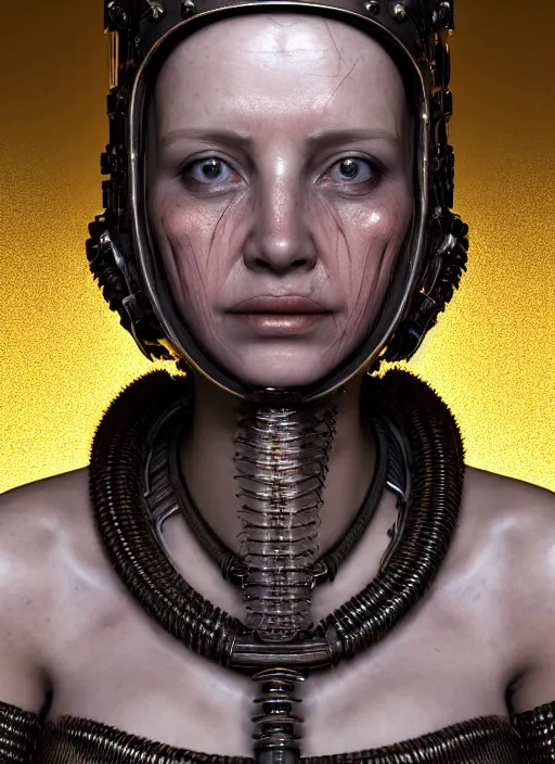 Image similar to 3 / 4 portrait, queen emma, crown, transparent skin, visible muscle and bones and veins and nerves, hyperrealism, detailed textures, photorealistic, 3 d cyberpunk apocalyptic city, futuristic clothing and helmet, ultra realistic, cinematic, intricate, cinematic light, unreal engine 8 k, octane render, unreal engine by david kostic and stanley lau and artgerm