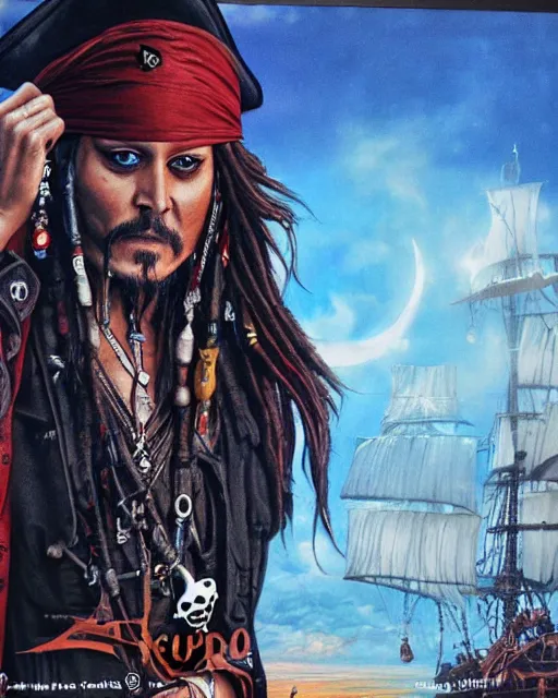 Image similar to < pirates of the prompt >!!!!! film poster featuring johnny depp, airbrush, drew struzan illustration art, key art, movie poster