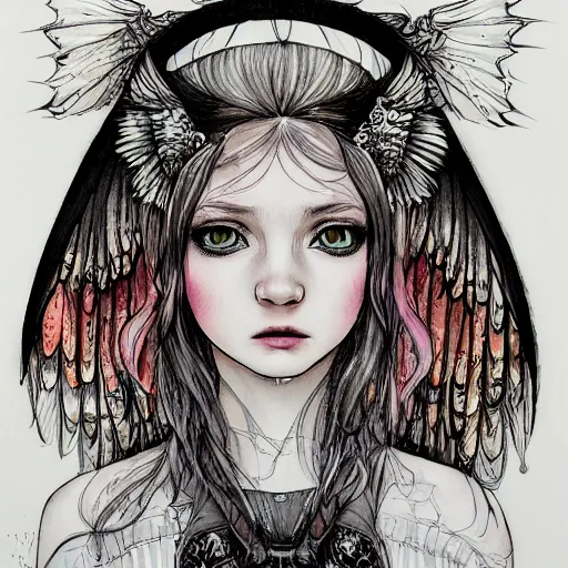 Image similar to portrait of a grungy fairy girl, wearing a hoodie and sweatpants, symmetrical wings, wings made of pizza, basic white background, symmetrical, watercolor, pen and ink, intricate line drawings, by Yoshitaka Amano, Ruan Jia, Kentaro Miura, Artgerm, detailed, trending on artstation, hd, masterpiece,