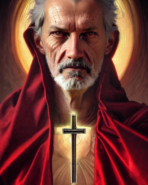 Image similar to realistic portrait of a nasty bishop, cross, evil, heroic pose, beautiful face, bible, full body, dramatic lighting, intricate, wild, highly detailed, digital painting, artstation, concept art, smooth, sharp focus, illustration, art by artgerm and greg rutkowski and alphonse mucha, footage from space camera