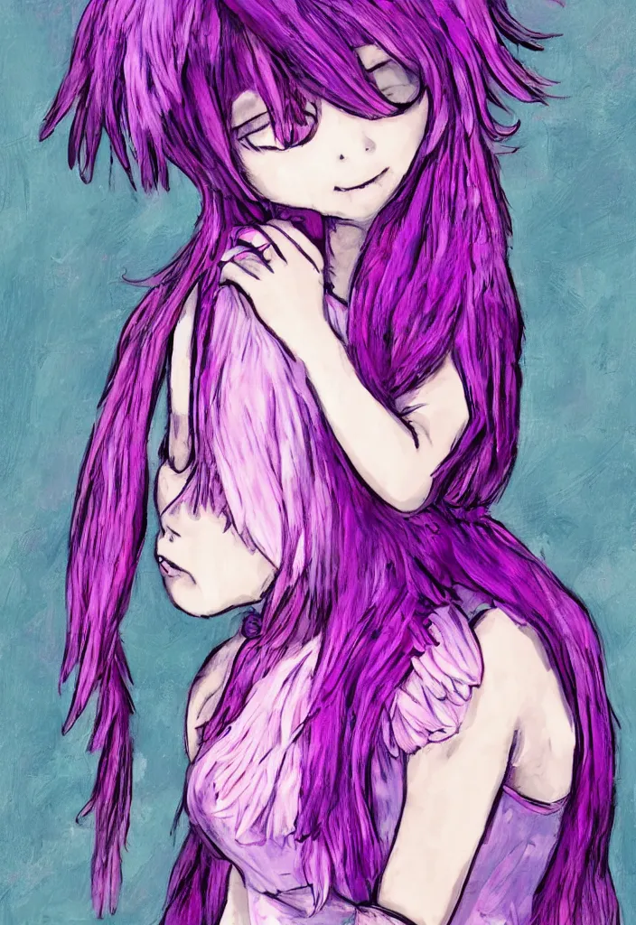 Image similar to little girl with eccentric pink hair wearing a dress made of purple feather, art by dcwj