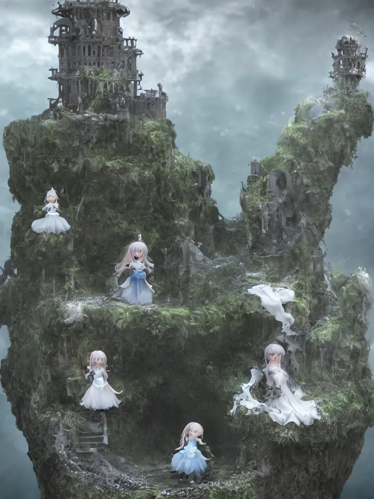 Prompt: cute fumo plush of a princess girl in a tower on a tiny island which she lays sole claim to, selfish empress of the abyss, tempestuous waters, wisps of volumetric smoke and fog, gothic wraith maiden in tattered white dress, floating island, vignette, vray