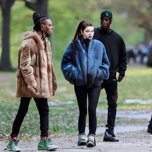 Image similar to travis scott dating anya taylor joy in central park at winter, photorealistic, dynamic light, ultra detailed, paparazzi photo