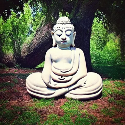 Prompt: “ cute buddha - like pig meditating on top of a large mushroom, large willow tree in the background. ”