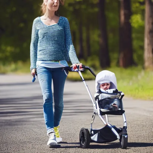 Image similar to a wife going for a walk with her baby on a nice day.